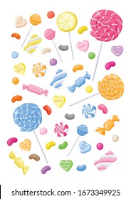 Sweet lollipops vector illustration for kids poster on white background. Candy, lollipop, heart candy, jelly bean, marshmallow, gum wall art. Wall decor. Candy postcard design.