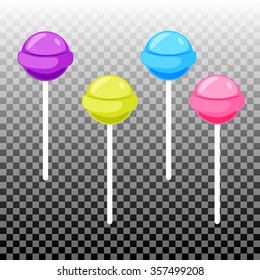 Sweet lollypopp candy set. Colorful sugar canes. Celebration card elements. Isolated round lollipop collection.