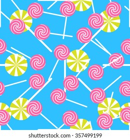 Sweet lollypops blue seamless pattern. Colorful sugar wrap paper. Celebration card background.