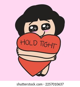 Sweet Lonely Girl Just Hold Her Giant Red Heart Shape Tight Concept Card Character illustration