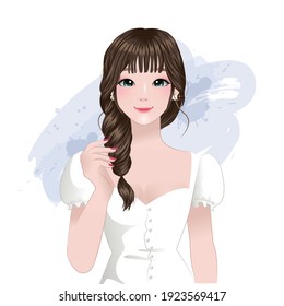 Sweet looking Asian girl with braid hairstyle. Beautiful feminine woman character design