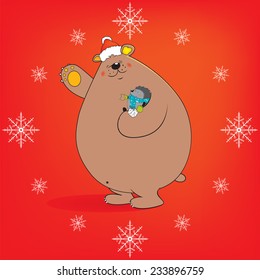 Sweet looking friendly bear with Santa's hat holding injured hedgehog in his arm.Clock pattern,classic red background