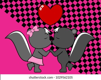 sweet love baby boy and girl kissing skunk cartoon valentine background in vector format very easy to edit 