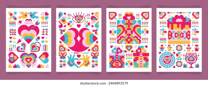 Sweet love background. Valentine's day poster with pattern cake, cupcakes, wine glass, hearts. Placard, gift card, invitation, decoration, print for souvenirs.