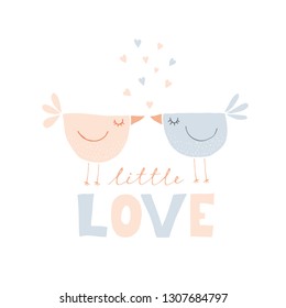 Sweet Love Birds Hand Drawn Vector Illustration. Cute Kissing Birds. Pastel color Infantile Design. White Background. Hearts Flying Up. Hand Written Letters. Little Love. Lovely Valentine's Day Card.

