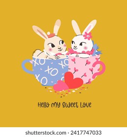 Sweet love bunny couple sitting in cup. Vector happy valentines day card. Rabbit character romance illustration