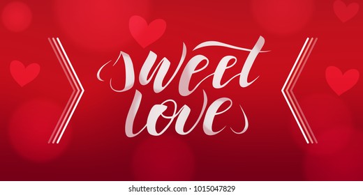 Sweet love calligraphy text with painted hearts for greeting card or banner. Vector holiday illustration. Valentines day.