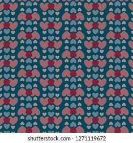 Sweet love colored hearts arranged in a geometric pattern. Vector illustration of a repeating seamless pattern on a moody dark background.
