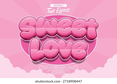 Doce amor editável efeito de texto com desenho animado cor-de-rosa estilo de texto e com decoração de nuvem