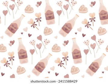 Sweet love seamless pattern. Soda pop drink, heart shaped lollipops and cookies illustration. Wallpaper for background, decoration, fabric and wrap.