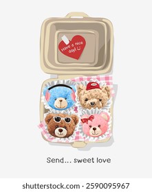 sweet love slogan with bear doll heads in sweet snack box vector illustration