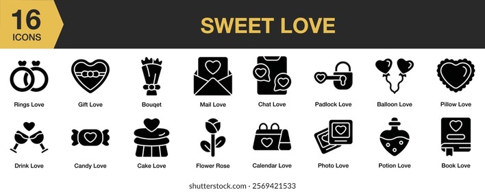 Sweet Love solid icon set. Includes romance, message, sweetheart, sweets, and More. Solid icons vector collection.