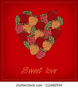 Sweet love. Template with berries and heart for greeting cards, wedding cards, crafts, gifts. Can be print on cups, bags, cards, gifts, souvenirs. Decorative heart berries banner with place for text