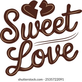 Tipografía de amor dulce con corazones en diseño marrón