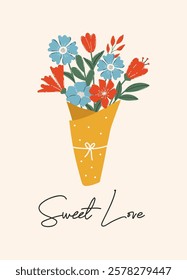 Sweet Love Valentine's Day greeting card. Beautiful bouquet on a light background. Valentine's day, February 14, love concept. Vector drawings for postcard, card.