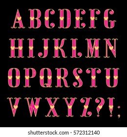 Sweet love vector font in retro style. Decorative pink alphabet with gold hearts and gold contour on a black background. Luxury Elegant Happy Valentine Day festive layout template design.