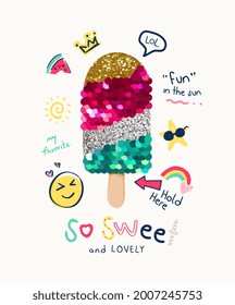 so sweet and lovely slogan with colorful sequins and glitter ice cream stick vector illustration