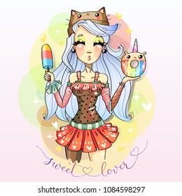 Sweet lover cute girl with ice cream and sweet donut, cartoon character comics girl portrait, young fashion woman vector illustration art