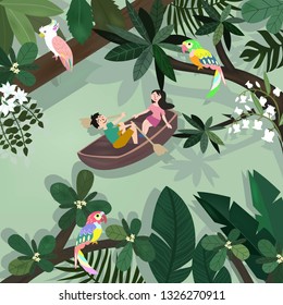 sweet lover happy funny in botanical tropical forest. a man row a boat in the river, a beautiful bird on branch in big tree,illustration vector comic art for any card.