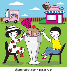 Sweet lovers are having an extra large size of ice-cream illustration