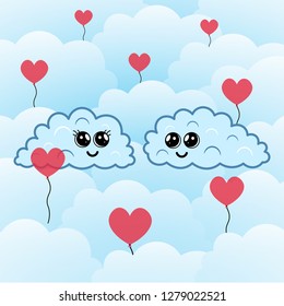 Sweet, loving clouds on the sky background with clouds with flying heart shaped balloons. Can be used for cards, invitations, banners and so on. Vector illustration of EPS 10. Happy Valentine's Day!