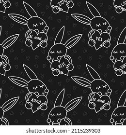 sweet loving rabbit with a heart  valentines day vector monochrome illustrated seamless pattern on dark background