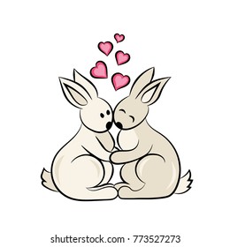 Sweet, loving rabbits sit embracing each other for Valentine's Day