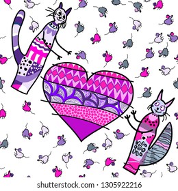 Sweet, loving, smiling cats. Seamless background, backdrop, base, texture. Love. Lovely animals. tenderness. Bright background. pink, crimson, white. Funny background. Mouse. Vector
