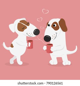 Sweet, loving white dogs drink hot coffee from large mugs. Pink background and hearts. Vector illustration.