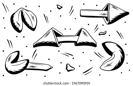 Sweet. Luck. Fortune cookie set. Sketch style. Vector illustration for cafe design. Design of postcards and banners.