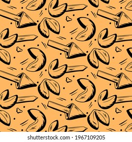 Sweet. Luck. Fortune cookie set. Seamless pattern. Sketchy style. Vector illustration for cafe design. Design of postcards and banners.