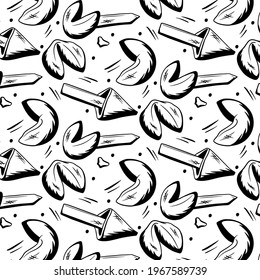 Sweet. Luck. Fortune cookies. Seamless pattern. Sketchy style. Vector illustration for cafe design. Design of postcards and banners.