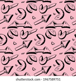 Sweet. Luck. Fortune cookies. Seamless pattern. Sketchy style. Vector illustration for cafe design. Design of postcards and banners.