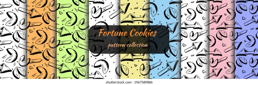 Sweet. Luck. Fortune cookies. Set of seamless patterns. Sketchy style. Vector illustration for cafe design. Design of postcards and banners.