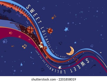 Sweet lullabies for the night. A beautiful poster for a child's room and bedroom. Vector children's illustration of a textile on a starry sky with moon and notes. Sweet dreams with magic fish and cat.