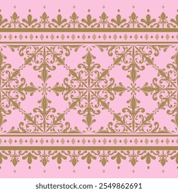 Bordado de damasco detalhado de luxo doce no fundo rosa escova. Fleur de lis Scroll Ornamento Lily Florals Vintage Border Pattern. Rich Opulence mão sem emenda desenham vetor Stripe para o design de elegância.