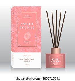 Sweet Lychee Home Fragrance Sticks Abstract Vector Label Box Template. Hand Drawn Sketch Flowers, Leaves Background. Retro Typography. Room Perfume Packaging Design Layout. Realistic Mockup. Isolated.