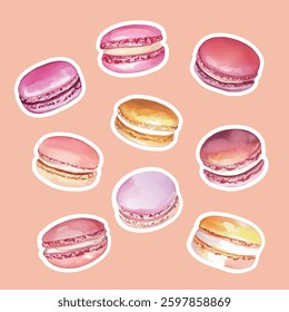 Sweet Macaron Treats Vector Stickers in Muted and Soft Pastel Tones - Hand-Drawn Watercolor Illustration with Movable Objects.