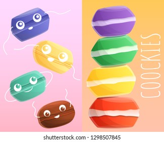 Sweet macarons banner set. Cartoon illustration of sweet macarons vector banner set for web design