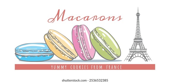 Sweet macarons poster. Cartoon french macaron cookies and Eiffel tower sign cookies isolated vector illustration