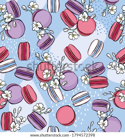 Sweet macarons seamless pattern with pink macrons and white flowers. Vector hand drawn cartoon style. 
