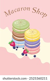 Sweet macarons shop card with blueberry and strawberry and pink background.vector illustration Illustration