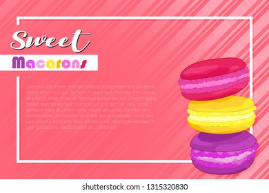 Sweet macarons vector banner lettering illustration on coral background with colors macarons. Flyer or banner for candy shop