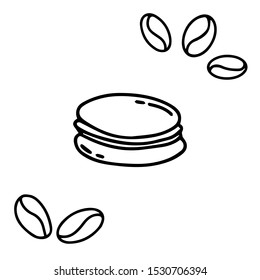 Sweet macaroon and Coffee beans in doodle style isolated on white background. Vector hand drawn illustration for design menu cafe and restaurant, invitation, flyer, brochure, poster, card,t shirt,cup.