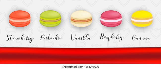 Sweet macaroon cookies set on hearts pattern background, red silk ribbon, vector illustration. Bakery desserts advertising design concept. Sweet macaroons wide background.