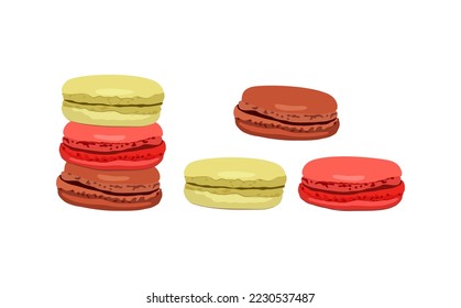 Sweet macaroon. French macaron dessert. Almond pastry with cream filling. Sugar biscuit with chocolate, strawberry, pistachio flavor. Vector realistic food illustration isolated on white background.