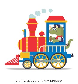 Sweet machinist dinosaur driving a colorful vintage locomotive. Cartoon style. Vector illustration. Flat design style.