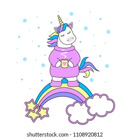 Sweet magic with a unicorn, rainbow, stars. Christmas greetings. Vector illustration.