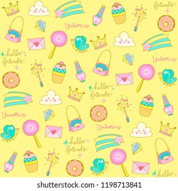 Sweet Magical Icons and Elements. Cute Illustrated Seamless Pattern.