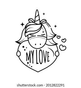 A sweet magical unicorn holds the heart. The girl is in love and waiting for Valentine s Day. Isolated object on a white background. Outline icon, Coloring page for kids activity games. Doodle style.